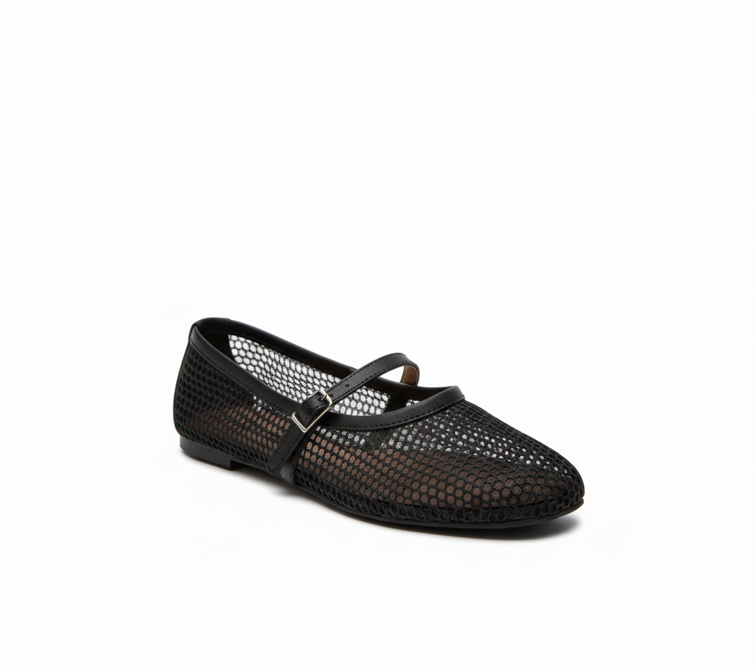 Black mesh ballet flat shoe on a white background